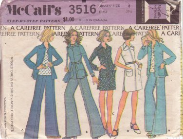 McCALL'S PATTERN 3516 SIZE 8 DATED 1973 MISSES DRESS SHIRT-JACKET & PANTS UNCUT