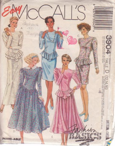 McCALL'S PATTERN 3904 SIZES 6/8/10 DATED 1988 MISSES GOWN OR DRESS UNCUT