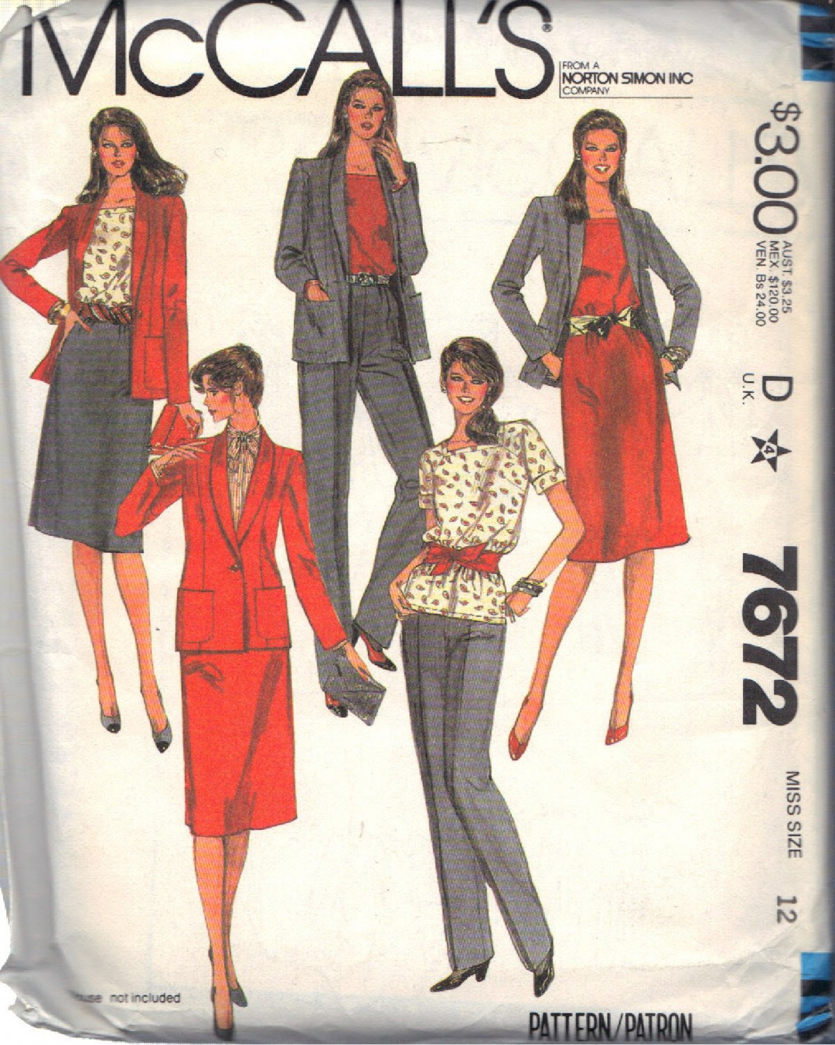 McCALL'S PATTERN 7672 DATED 1981 SIZE 12 MISSES' JACKET TOP SKIRT PANTS ...