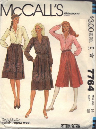 McCALL'S PATTERN 7764 DATED 1981 SIZE 14 MISSES' BLOUSE CULOTTES SKIRT