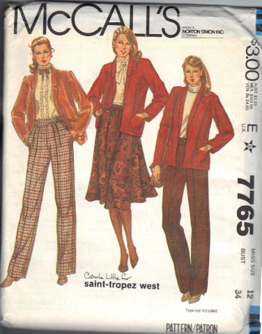 McCALL'S 7765  SIZE 12 MISSES' BY CAROLE LITTLE JACKET SKIRT PANTS UNCUT