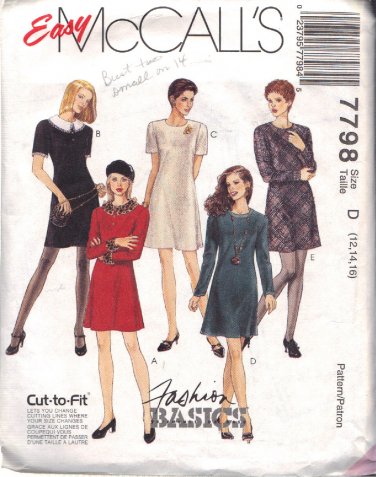 McCALL'S PATTERN 7798 DATED 1995 SIZE 12/14 MISSES' DRESS IN 5 VARIATIONS