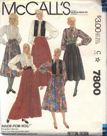 McCALL'S PATTERN 7800 SIZE 14 MISSES' VEST, BLOUSE AND SKIRT UNCUT