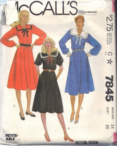 McCall's Pattern 7845 dated 1981 size 14 Misses&acirc;�� DRESS 3 VARIATIONS UNCUT