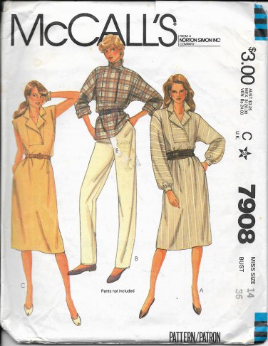 McCALL'S VINTAGE 1982 PATTERN 7908 SIZE 14 MISSES'  DRESS OR TOP