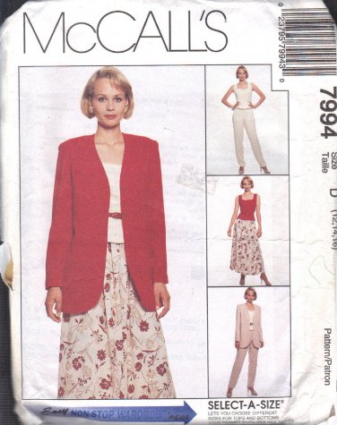 McCALL'S PATTERN 7994 SZS 12/14/16 DATED 1995 MISSES' JACKET, VEST, PANTS, SKIRT