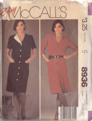 McCALL'S 1984 VINTAGE PATTERN 8936 SZ 20 MISSES' DRESS 2 VERSIONS