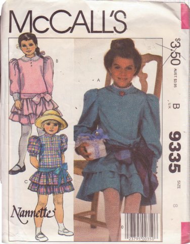 McCALL'S VINTAGE 1984 PATTERN 9335 SIZE 8 GIRLS' DRESS 3 VERSIONS