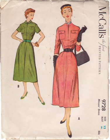 McCALL'S 1954 VINTAGE PATTERN 9728 SIZE 12 MISSES' DRESS 2 VERSIONS