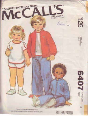 McCALL'S PATTERN 6407 SZ 3  TODDLER'S T-SHIRT, PANTS, SHORTS, UNLINED JACKET