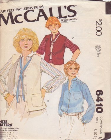 McCALL'S PATTERN 6410 SIZES 8/10  MISSES' BLOUSE & VESTS