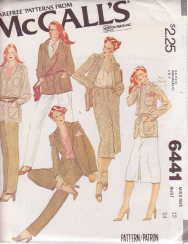 McCALL'S VINTAGE PATTERN 6441 SIZE 12 MISSES' LINED JACKET, SKIRT, PANTS UNCUT