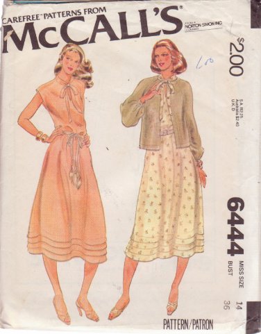 McCALL'S VINTAGE PATTERN 6444 SIZE 14  MISSES' DRESS AND UNLINED JACKET