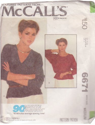 McCALL'S PATTERN 6671, DATED 1979, SIZE MEDIUM 14-16  MISSES' TOPS 2 STYLES