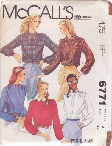 McCALL'S 6771 PATTERN SIZE 8 MISSES' BLOUSES IN 5 VARIATIONS UNCUT