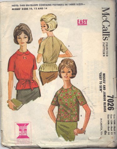 McCALL'S PATTERN 7026 SIZE 10/12/14  MISSES' Blouse