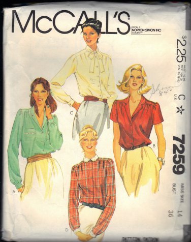 McCALL'S 7259 PATTERN DATED 1980 SIZE 14  MISSES' BLOUSES IN 4 VARAITIONS