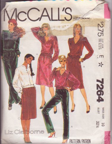 McCALL'S PATTERN 7264 SZ 10 LIZ CLAIBORNE MISSES' TOPS,PANTS,SKIRT