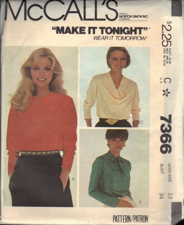 McCALL'S PATTERN 7366 SIZE 12 MISSES' BLOUSES IN 3 VARIATIONS UNCUT