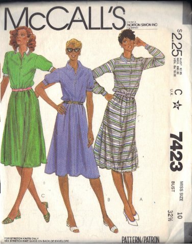 McCALL'S PATTERN 7423 SIZE 10 DATED 1981 MISSES' DRESS 3 VERSIONS UNCUT