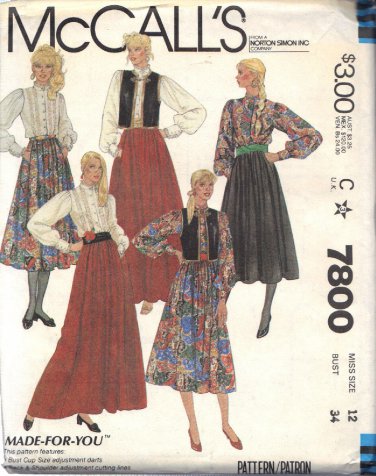 McCALL'S PATTERN 7800 SIZE 12 MISSES' VEST, BLOUSE AND SKIRT UNCUT