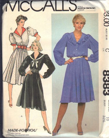 McCALL'S PATTERN 8383 SZ 10 DATED 1983 MISSES' DRESS IN THREE VERSIONS UNCUT