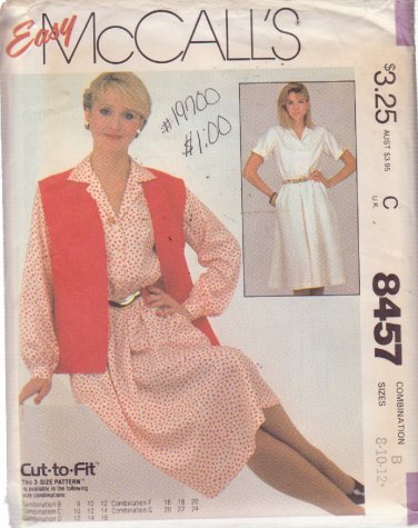 McCALL'S PATTERN 8457 SIZES 8/10  MISSES' SHIRTWAIST DRESS AND VEST