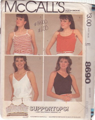 McCALL'S PATTERN 8690 SZ EXSM 6/8 MISSES' SUPPORT TOPS IN 4 VARIATIONS