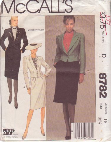 McCALL'S PATTERN 8782 SIZE 10  MISSES' JACKET, SKIRT IN 2 VARIATIONS