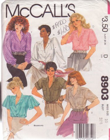 McCALL'S PATTERN 8903 SIZE 10  MISSES' BLOUSES IN 6 VARIATIONS