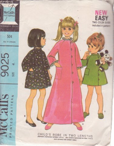 McCALL'S PATTERN 9025 SIZE 4 GIRL'S ROBE IN 2 LENGTHS