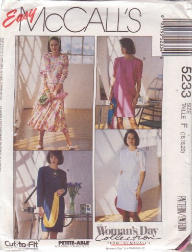 McCALL'S PATTERN 5233 SIZES 16/18/20 MISSES' 1 OR 2 PIECE DRESS UNCUT