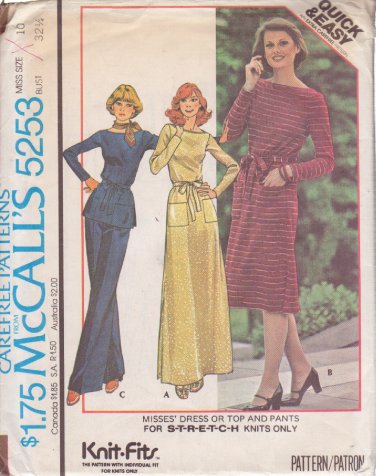 McCALL'S PATTERN 5253 SIZE 10 MISSES' DRESS OR TOP & PANTS