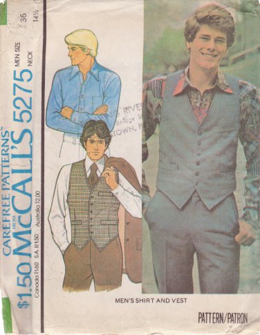 McCALL'S VINTAGE 1976 PATTERN 5275 SIZE 36 MEN'S VEST AND SHIRT