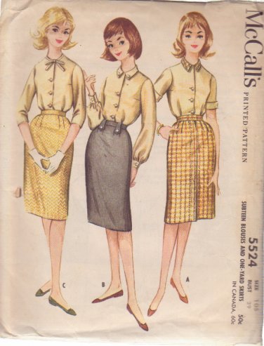 McCALL'S 1960 PATTERN 5524 SIZE 10 SUB TEEN BLOUSE & 1 YD SKIRT