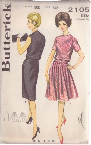 VINTAGE BUTTERICK PATTERN 2105 SIZE 12 MISSES' 2 PIECE DRESS IN 2 VARIATIONS
