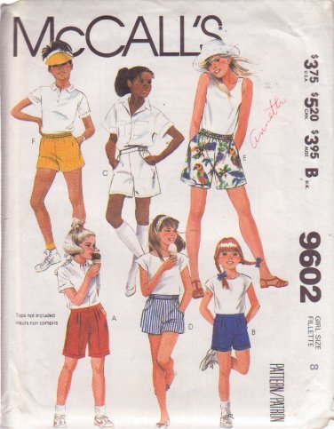 McCALL'S PATTERN 9602 SIZE 8 GIRLS' SHORTS IN 6 VARIATIONS