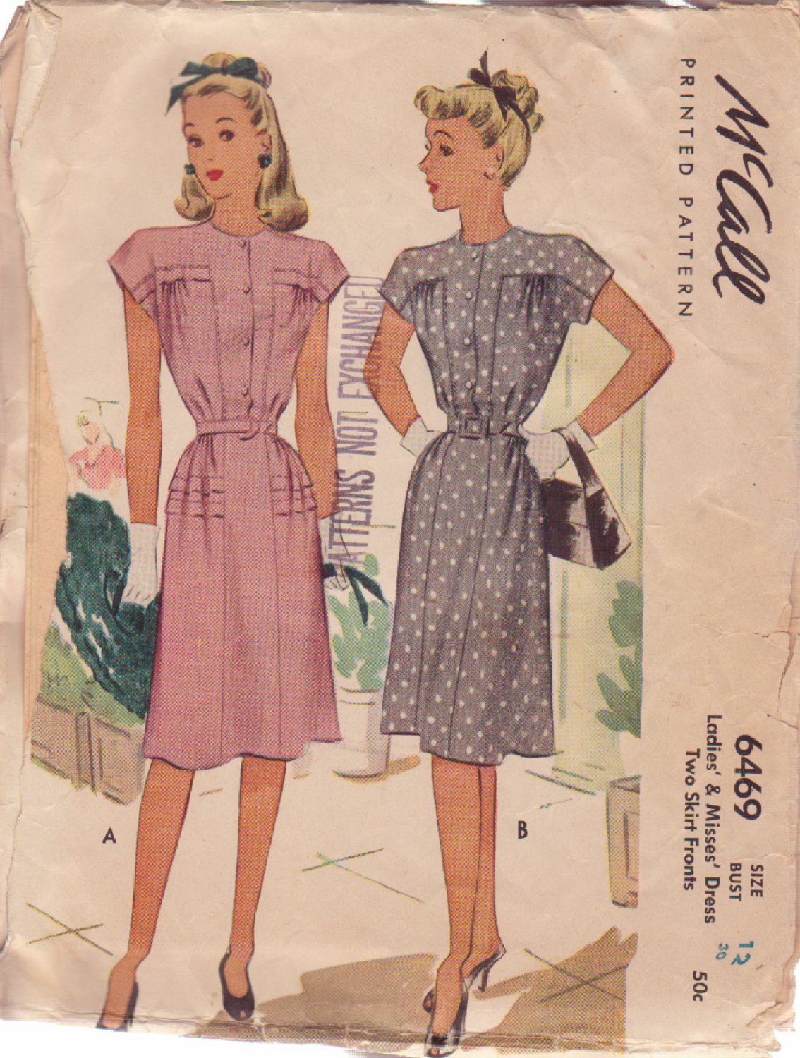 McCALL'S VINTAGE PATTERN 6469 SIZE 12 MISSES' 1946 DRESS IN 2 VARIATIONS