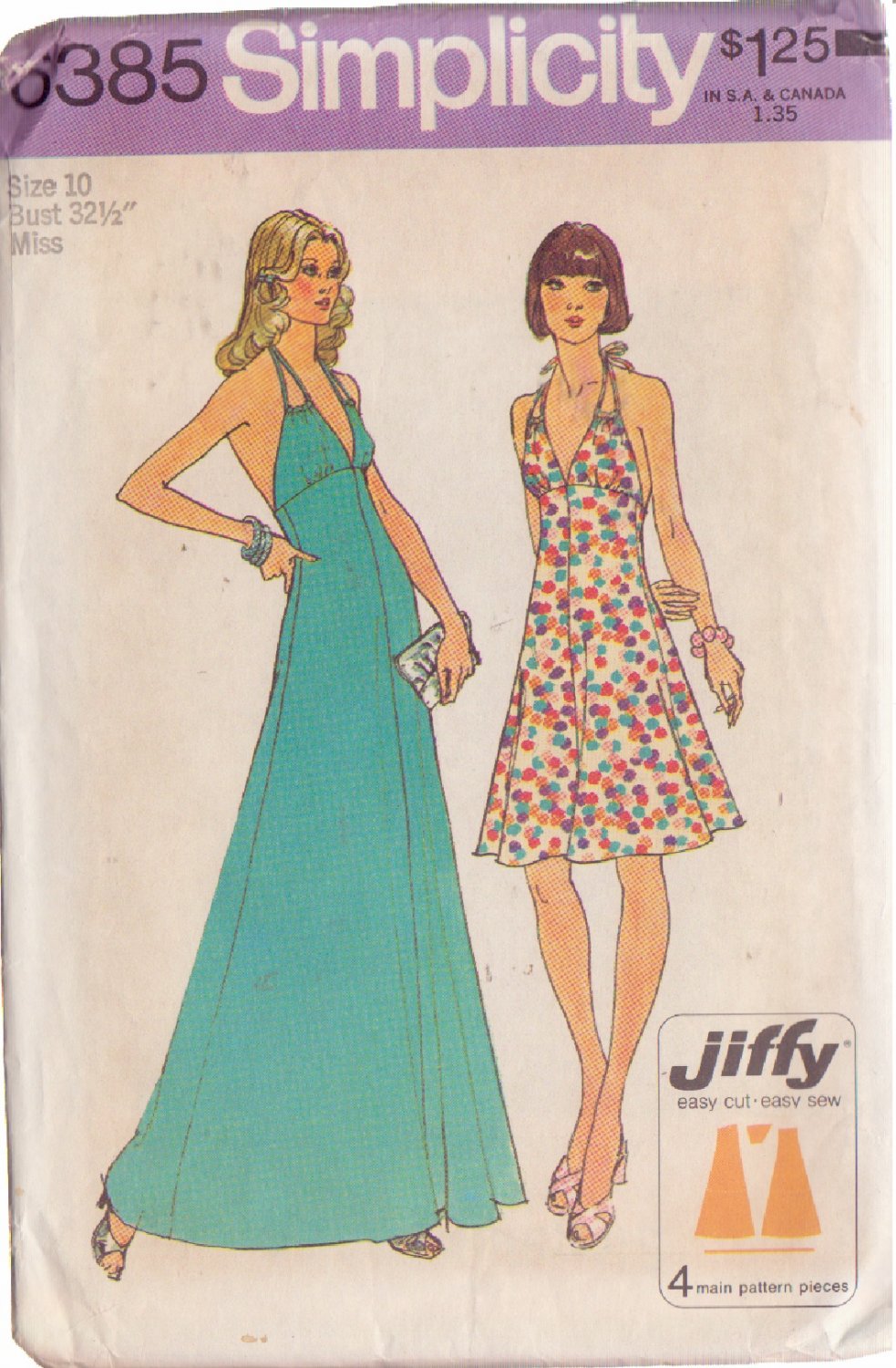 SIMPLICITY VINTAGE 1974 PATTERN 6385 SIZE 10 MISSES HALTER DRESS IN 2 LENGTHS
