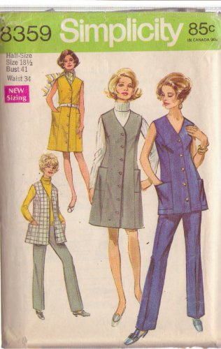 SIMPLICITY VINTAGE PATTERN 8359 SIZE 18 1/2 MISSES' DRESS, JUMPER, TUNIC, PANTS