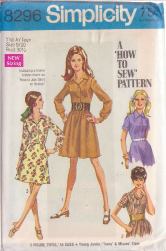 SIMPLICITY VINTAGE PATTERN 8296 SZ 9/10 YNG JR/TEEN SHIRT DRESS W/2 SKIRTS UNCUT