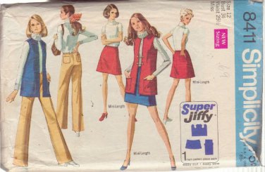 SIMPLICITY PATTERN 8411 SZ 12 MISSES MINI-SKIRT, VEST, HIP HUGGER PANTS