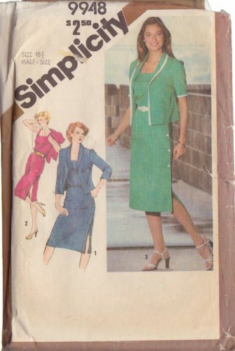 SIMPLICITY VTG 1981 PATTERN 9948 SIZE 18 1/2 MISSES' SIDE BUTTON DRESS & JACKET