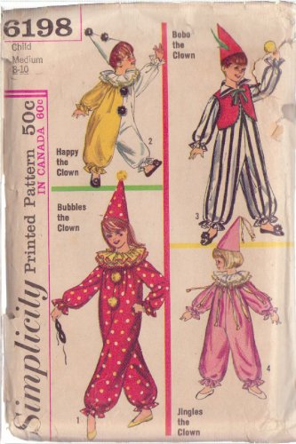 SIMPLICITY VINTAGE PATTERN 6198 SIZE 8/10 CHILD'S CLOWN COSTUMES 4 LOOKS