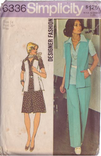SIMPLICITY 1974 VINTAGE PATTERN 6336 SZ 14 TWO PIECE DRESS, TOP, VEST, PANTS