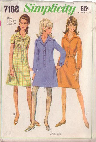 SIMPLICITY 1967 PATTERN 7168 SIZE 12 MISSES' 1 PIECE SHIRTDRESS 3 STYLES