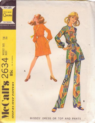 McCALL'S PATTERN 2634 SIZE 14 MISSES DRESS OR TOP, PANTS UNCUT