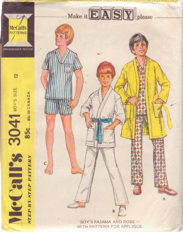 McCALL'S PATTERN 3041 SIZE 12 CHILD'S PAJAMAS & ROBE 2 LENGTHS, APPLIQUE UNCUT