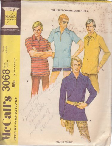 McCALL'S PATTERN 3068 SIZE LG 42/44 MEN'S SHIRT 4 VARIATIONS
