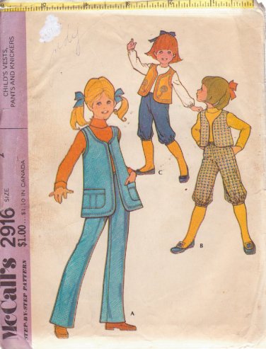 McCALL'S PATTERN 2916 SIZE 2 GIRL'S VEST 2 LENGTHS, PANTS AND KNICKERS